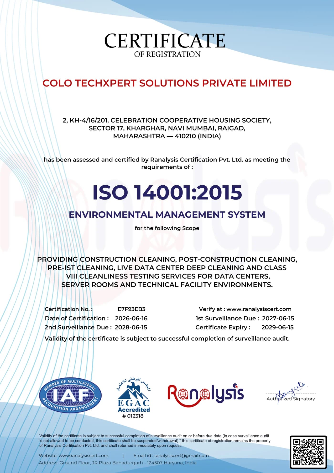 ISO 14001:2015 certificate — Environmental Management System