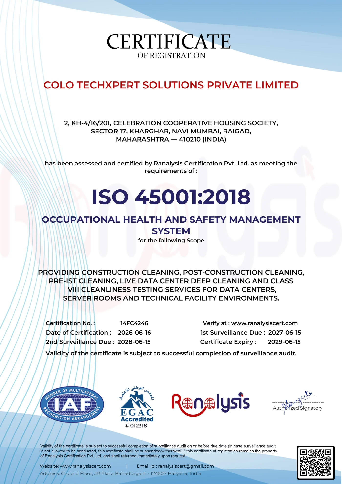 ISO 45001:2018 certificate — Occupational Health & Safety Management System